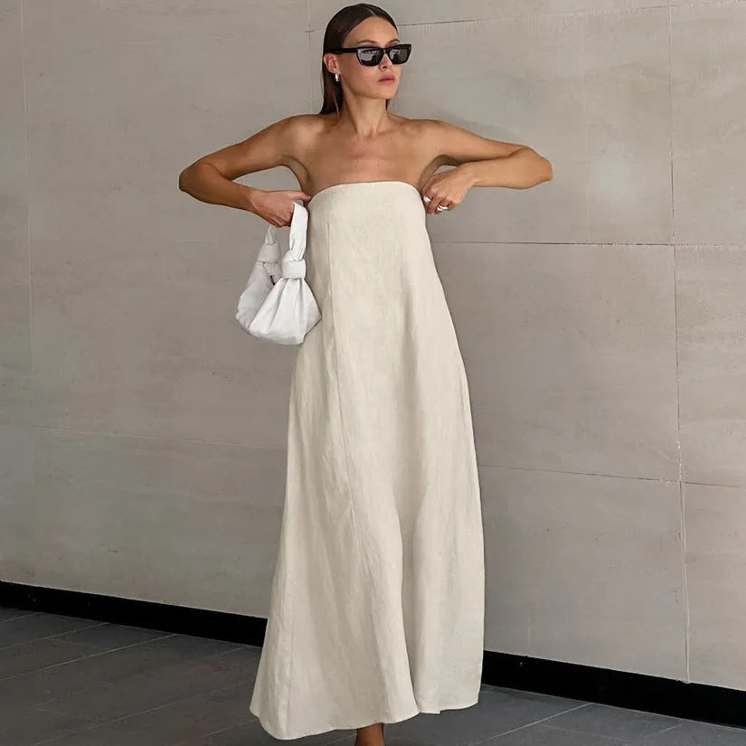 French Style Khaki Cotton Linen Tube Top Vacation Style High Waist Dress - Bellarte Enchanté French Style Khaki Cotton Linen Tube Top Vacation Style High Waist Dress